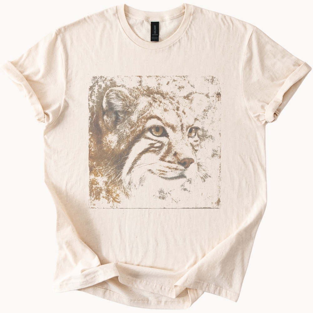 Intense Feline Portrait Graphic Tee Distressed Sketch Art